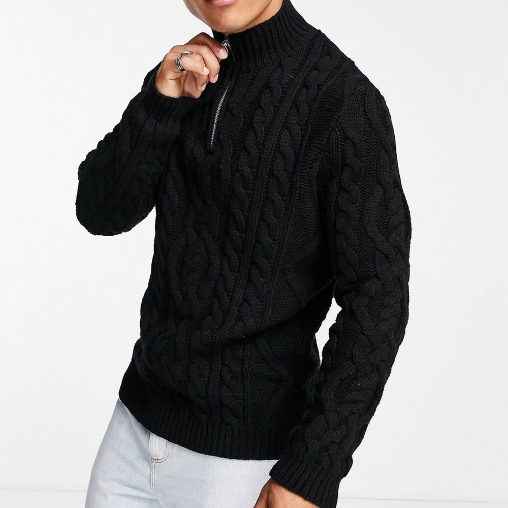 ASOS Black Cable Knit V-Neck Sweater